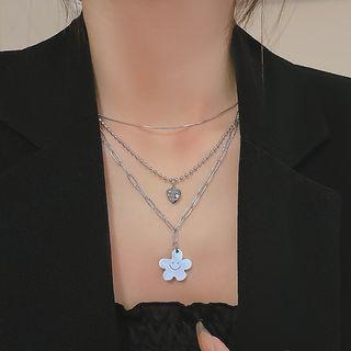 Flower Layered Necklace Set Of 2 - Silver - One Size