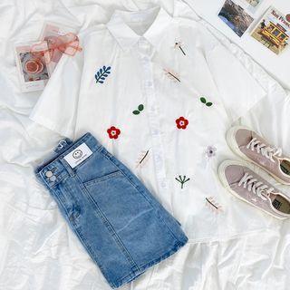 Short-sleeve Embroidered Shirt White Shirt - One Size