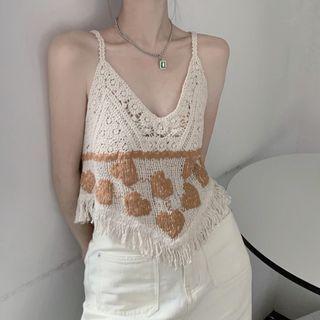 Knit Fringed Trim Cropped Camisole Top Almond - One Size