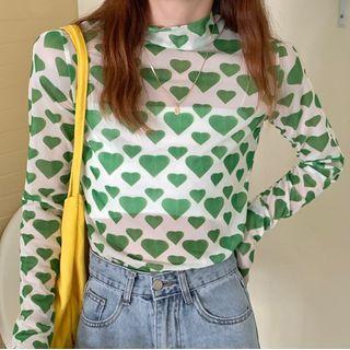 Long-sleeve Heart Print Mesh Top Green - One Size