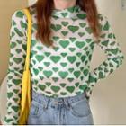 Long-sleeve Heart Print Mesh Top Green - One Size