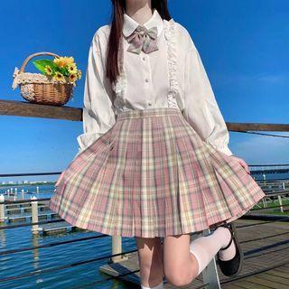 Frill Trim Shirt / Plaid Bow / Pleated Mini A-line Skirt / Set