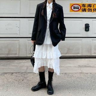 Single-breasted Blazer / Long-sleeve Crop Shirt / Tiered Midi A-line Skirt