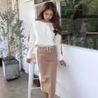 Set: Mock-neck Two-tone Sweatshirt + Midi Skirt