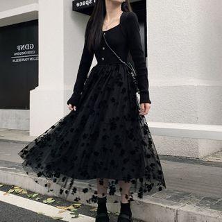 Long-sleeve Overlay A-line Dress