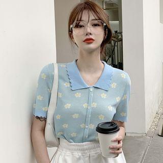 Short-sleeve Flower Print Button-up Knit Top Blue - One Size
