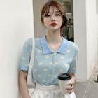 Short-sleeve Flower Print Button-up Knit Top Blue - One Size