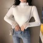 Lace-cuff Beaded Ribbed Knit Top
