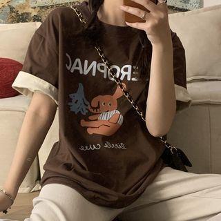 Mock Two-piece Elbow-sleeve Cartoon T-shirt