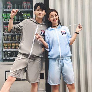 Couple Matching Set: Hooded Zip-up Lettering Jacket + Shorts