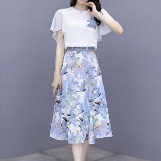 Set: Floral Print Blouse + Floral Print Midi A-line Skirt (various Designs)