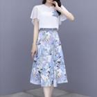Set: Floral Print Blouse + Floral Print Midi A-line Skirt (various Designs)