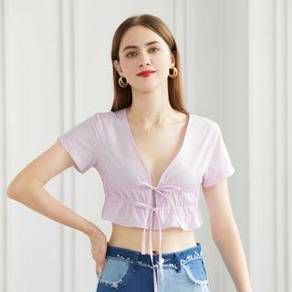 Short-sleeve V-neck Tie-front Cropped Top