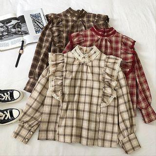 Color-block Plaid Lace Panel Ruffled-trim Long-sleeve Blouse