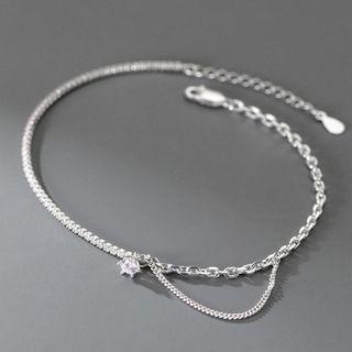 Rhinestone Layered Sterling Silver Anklet S925silver - Anklet - Silver - One Size