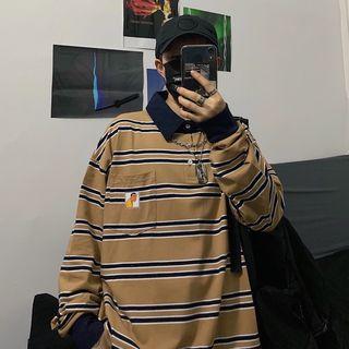 Cartoon Print Long-sleeve Striped Polo Shirt As Shown In Figure - One Size