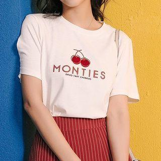 Cherry Print Lettering Short-sleeve T-shirt