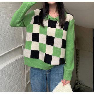 Round Neck Checkerboard Sweater Green & Black & White - One Size