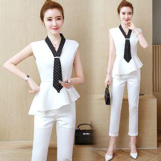 Set: V-neck Cap Sleeve Asymmetric Top + Dress Pants