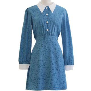 Contrast Trim Dotted Long-sleeve Mini A-line Dress