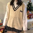 Cable Knit Vest / Long-sleeve Shirt / Mini Pleated Skirt
