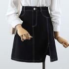 Lace Trim Puff-sleeve Blouse / A-line Denim Skirt