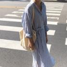 Long Sleeve Striped Tie-waist Midi Shirtdress Stripe - Blue - One Size