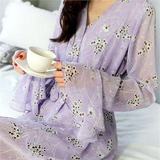 V-neck Frill-sleeve Midi Chiffon Dress