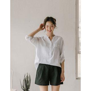 Mandarin-collar Dip-back Striped Blouse
