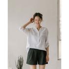 Mandarin-collar Dip-back Striped Blouse