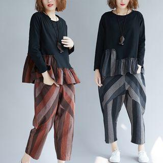 Set: Ruffle Hem Long-sleeve Top + Harem Pants