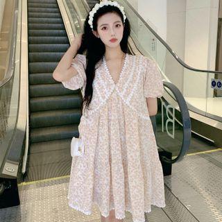 Puff-sleeve V-neck Floral Mini A-line Dress Floral - Pink - One Size
