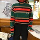 High Neck Embroidered Striped T-shirt As Shown In Figure - One Size