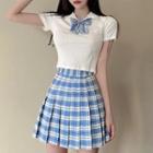 Short-sleeve Collar Top / Plaid Pleated Mini A-line Skirt