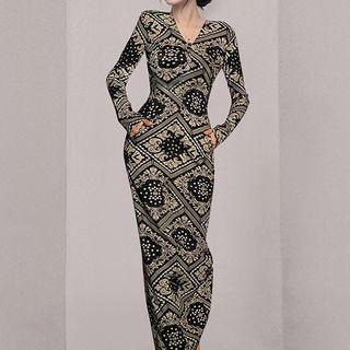 V-neck Print Maxi Bodycon Dress