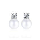 Simple And Elegant Geometric Round Imitation Pearl Stud Earrings With Cubic Zirconia Silver - One Size