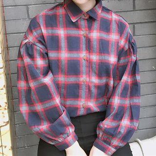 Wide-sleeve Over-sized Flannel Shirt