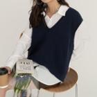 Long Sleeve Plain Shirt / Knit Vest