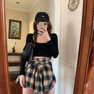 Long-sleeve T-shirt / Plaid Mini A-line Skort