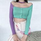 Long-sleeve Off-shoulder Color Block Crop Top