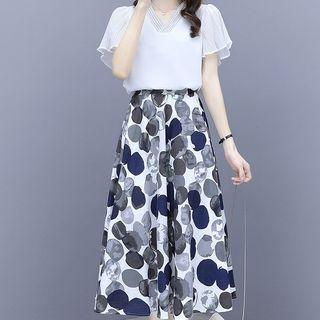 Set: Short-sleeve V-neck Blouse + Dotted Midi A-line Skirt