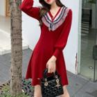 Ruffled Lantern-sleeve Mini A-line Knit Dress