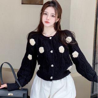 Long Sleeve Accent Flower Cardigan Black - One Size