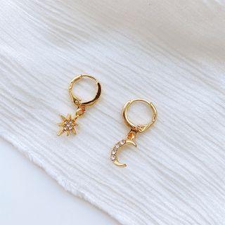 Non-matching Rhinestone Moon & Star Dangle Earring 1 Pair - Am0528 - Gold - One Size