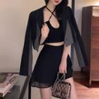 Halter Strap Crop Top / High Waist Mesh Split Mini Skirt / Two-tone Panel Crop Blazer