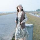 Set: Long-sleeve Midi Floral A-line Dress + Button Knit Vest