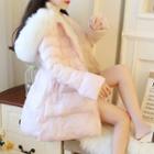 Furry Trim Hooded Padded Coat / Bell-sleeve Knit Top