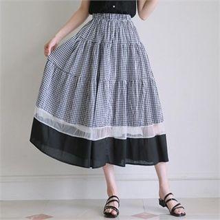 Chiffon-hem Gingham Long Flare Skirt