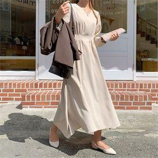 V-neck Pintuck-trim Flare Dress