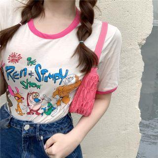 Short-sleeve Cartoon Print T-shirt Light Almond - One Size